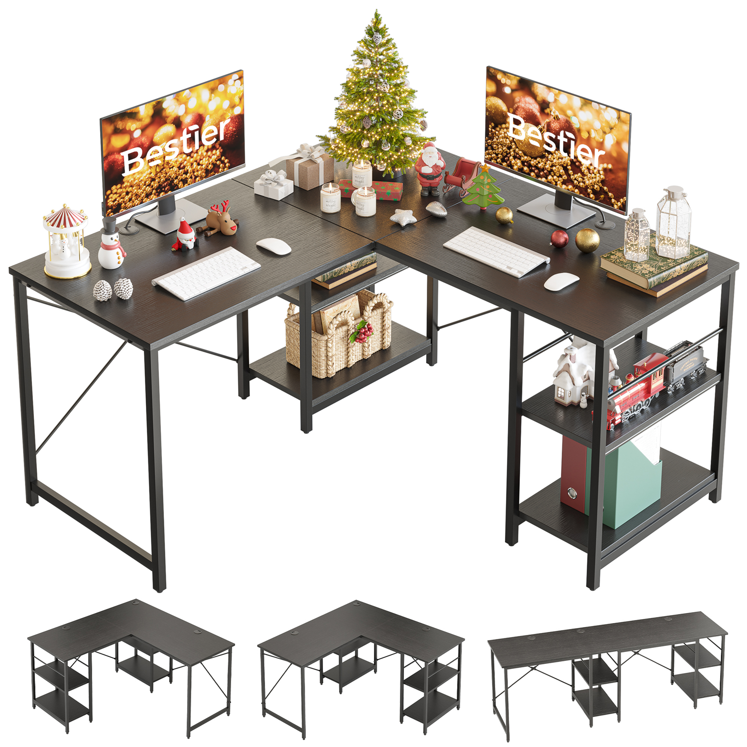 Bestier 86.6 inch L Shaped Desk with Shelves 2 Person Long Table Black - image 1 of 9