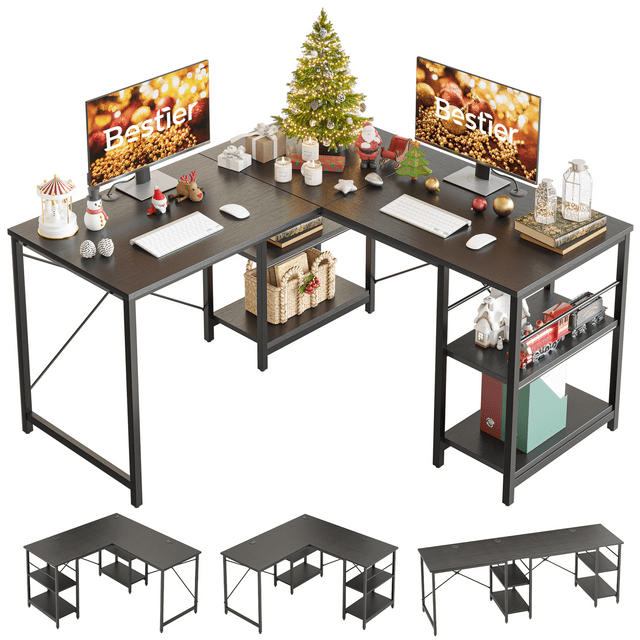 Bestier 86.6 inch L Shaped Desk with Shelves 2 Person Long Table Black