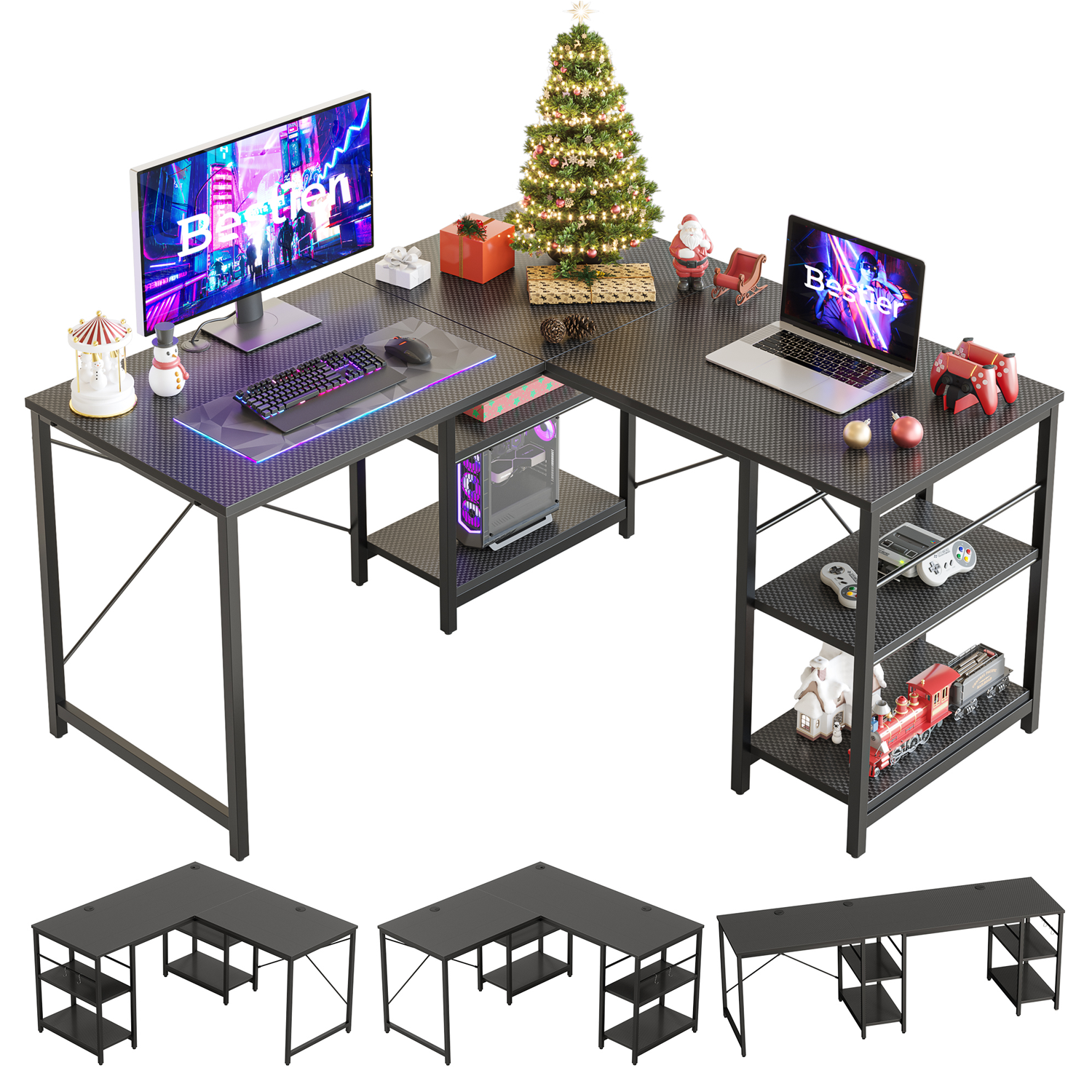 Bestier 65 in. L Shaped Gaming Desk with Monitor Stand Black Carbon Fiber  Reversible Computer Desk D446W-GAMD - The Home Depot