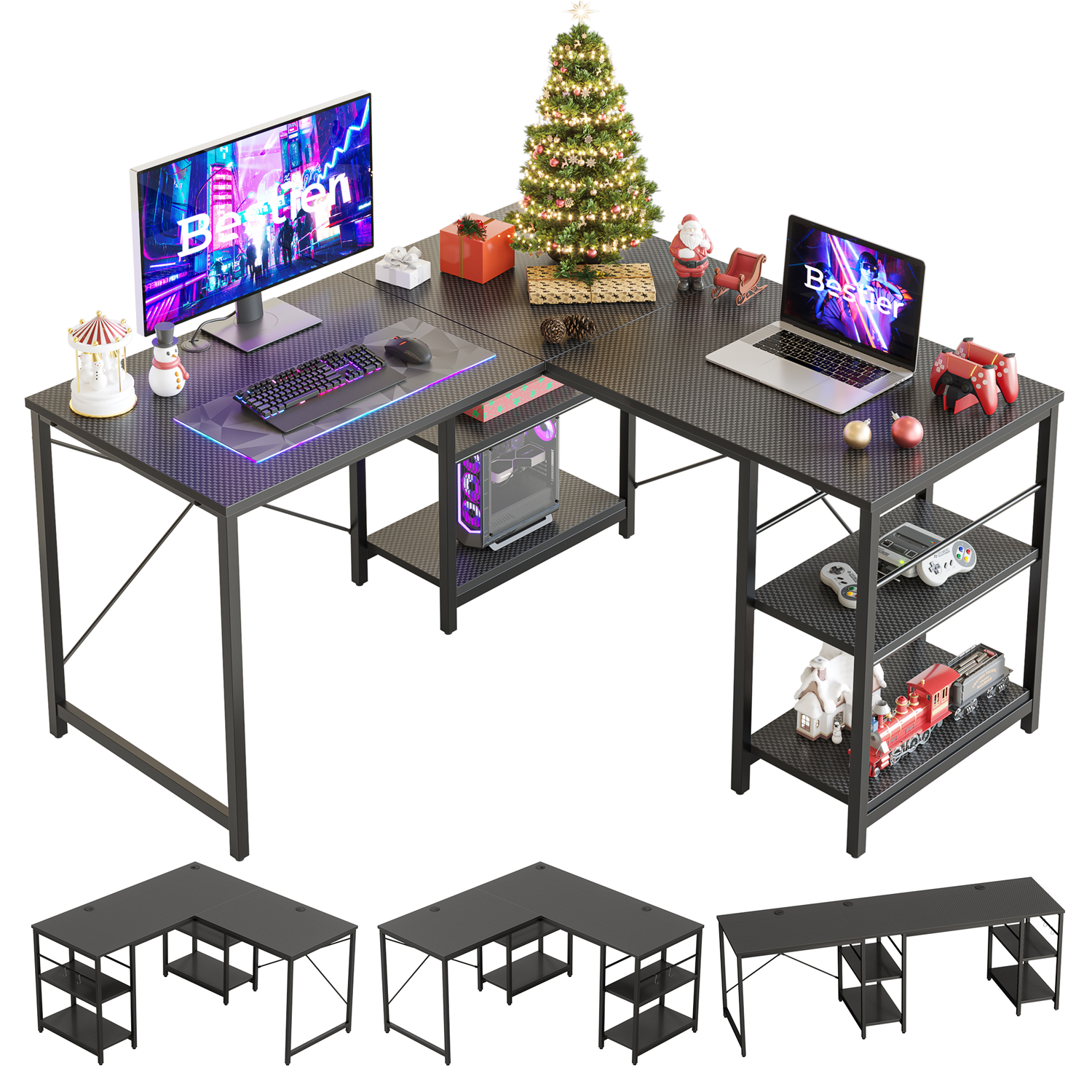 Bestier 86.6 inch L-Shaped Reversible Computer Desk Long Table with Shelves Carbon Fiber Black - image 1 of 10