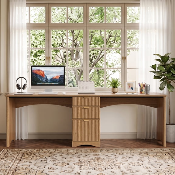 Bestier 95" 2 Person Computer Desk with Drawers, Fluted Two Person Office Desk, Long Double Writing PC Desk for Home Office, Brown