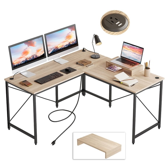 Bestier 95.2 inch L Shaped Desk with Power Outlet & Monitor Stand Oak