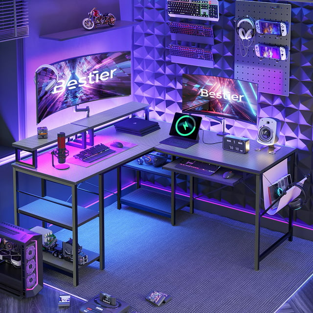 Bestier 95.2″ L Shaped Gaming Desk with LED Lights, Monitor Stand & Keyboard Tray