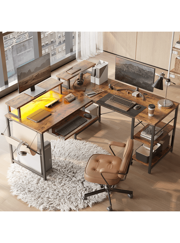 Bestier 95.2 inch L Shaped Gaming Desk with Monitor Stand & Keyboard Tray for Home Office in Rustic