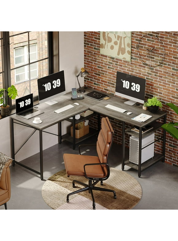 Bestier 95.5 inches L-Shaped Corner Computer Desk with Shelves Long Table in Grey