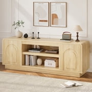 Bestier Arched Door Wooden TV Stand for TVs up to 70", Curved Corner Media Console with Open Shelf,Modern Entertainment Center with Dust-Free Enclosed Base,Natural Oak