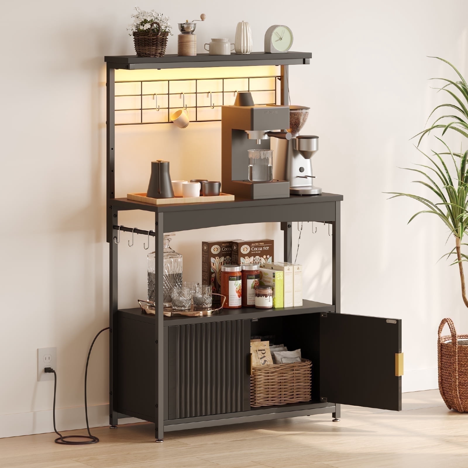 Bestier Bakers Rack with Power Outlet, Height-Adjustable 45" to 55" Kitchen Microwave Stand with Sstorage Cabinet, Coffee Bar Cabinet with LED Light, Kitchen Stand with 10 S-Hooks (Black)