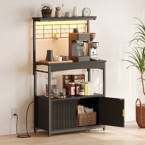 Bestier Bakers Rack with Power Outlet, Height-Adjustable 45" to 55" Kitchen Microwave Stand with Sstorage Cabinet, Coffee Bar Cabinet with LED Light, Kitchen Stand with 10 S-Hooks (Black)