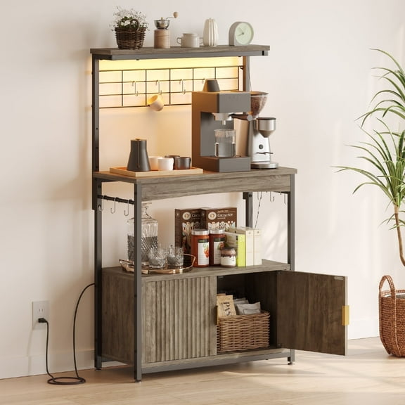 Bestier Microwave Stand with Storage Cabinet, Height-Adjustable Bakers Racks for Kitchen with feet, Wave Pattern Kitchen Rrack,Power Outlet(Grey)