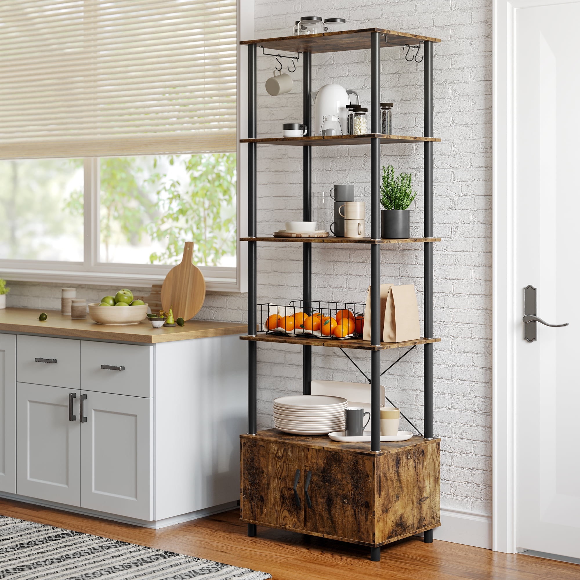 Microwave Stand Baker Rack with Hutch & Cabinet Rolling Coffee Bar – Bestier