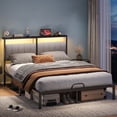 thumbnail image 1 of Bestier Queen Bed Frame with Upholstered Headboard,LED Lights & Power Outlet | Modern Platform Metal Bed,No Box Spring Required,Grey, 1 of 12