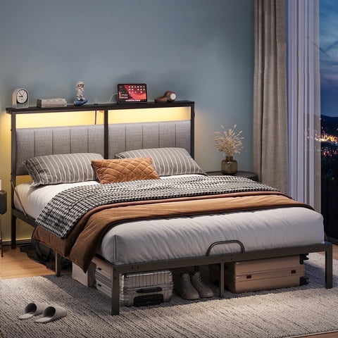 Bestier Queen Bed Frame with Upholstered Headboard,LED Lights & Power Outlet | Modern Platform Metal Bed,No Box Spring Required,Grey