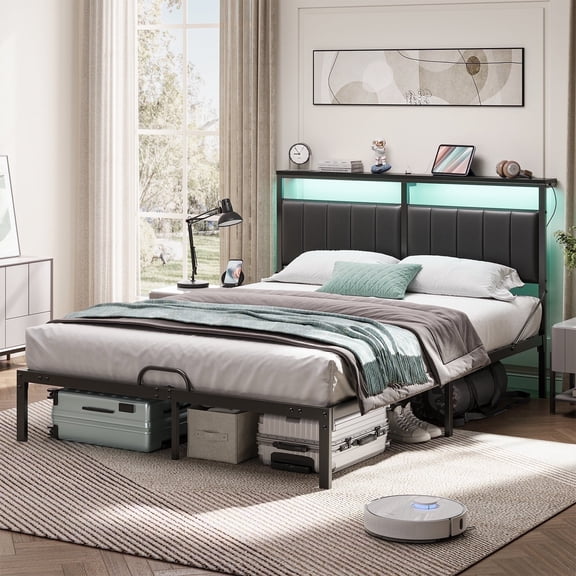 Bestier Queen Platform Bed Frame with Upholstered Headboard, LED Lights, Mattress Stopper, Sturdy Metal Legs, Black