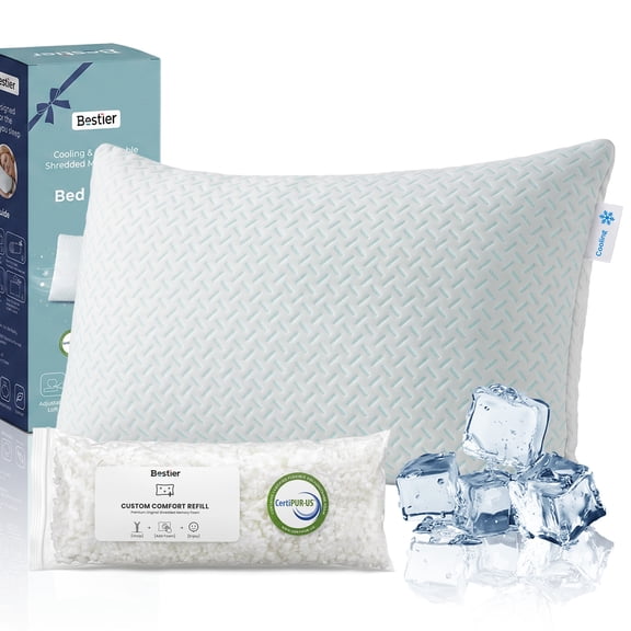 Bestier Cooling Memory Foam Pillow, Queen Size Adjustable Pillow with Shredded Memory Foam & Microfiber Fill, 20 x 30 in, White