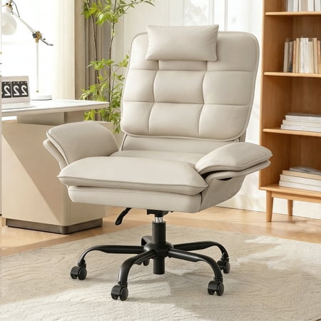 Bestier Big and Tall Ergonomic Office Chair with Flip-Up Arms, PU Leather High Back Executive Swivel Desk Chair with Side Pockets & Headrest , Height Adjustable Computer Chair for Home, Beige