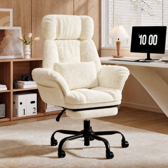 Bestier Big and Tall Executive Office Chair with Massage and Footrest Ergonomic Computer Desk Chair Reclining High Back Plush Velvet Swivel Chair with Lumbar Back Support, Off-white