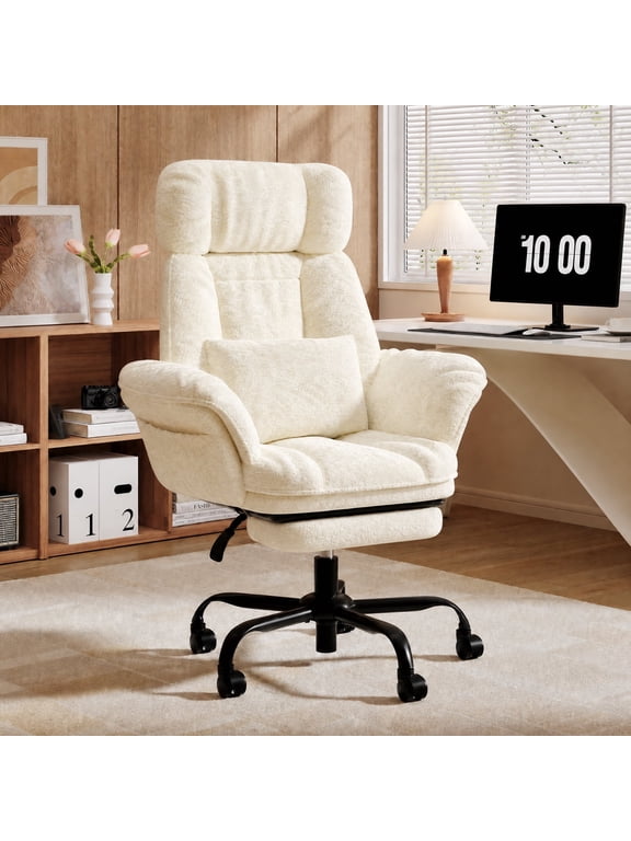 Big and Tall Executive Office Chair with Massage and Footrest Ergonomic Computer Desk Chair Reclining High Back Plush Velvet Swivel Chair with Lumbar Back Support, Off-white
