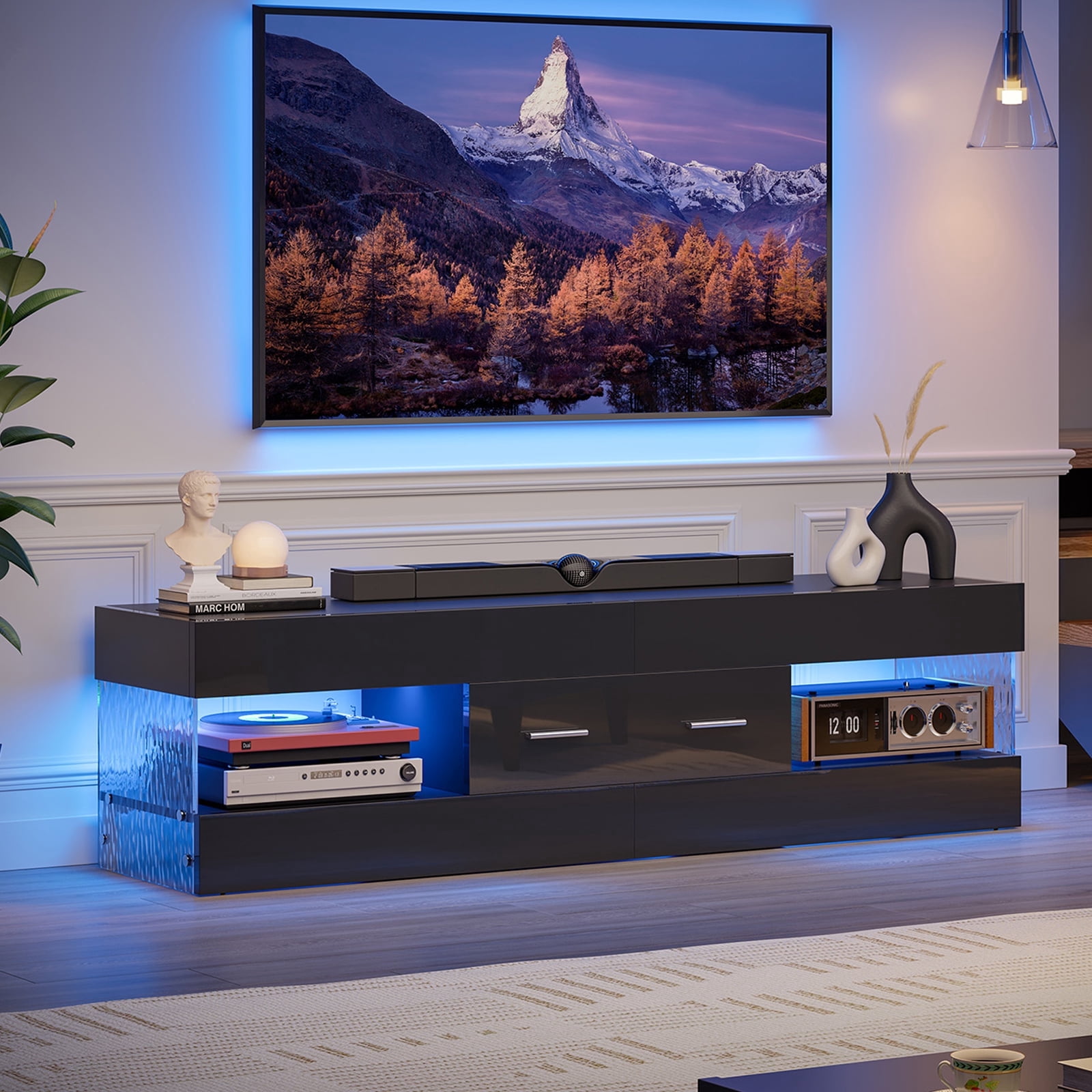 Bestier Black TV Stand for TVs up to 65", Modern Entertainment Center for TVs with LED Light, High Gloss TV Console Table with Storage Drawers