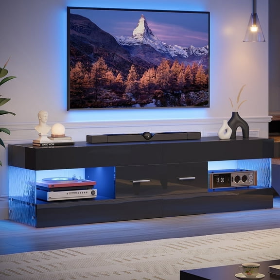 Bestier Black TV Stand for TVs up to 65", Modern Entertainment Center for TVs with LED Light, High Gloss TV Console Table with Storage Drawers