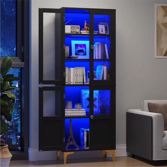 Bestier Pantry Cabinet with Glass Door, LED Light, Kitchen China Cabinet with Adjustable Shelf, Display Bookcase for Living Room Dining Room Storage Black