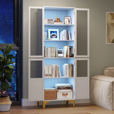 Bestier Canizales Dining Cabinet With LED Light, Art Display Cabinet with Golden Legs White