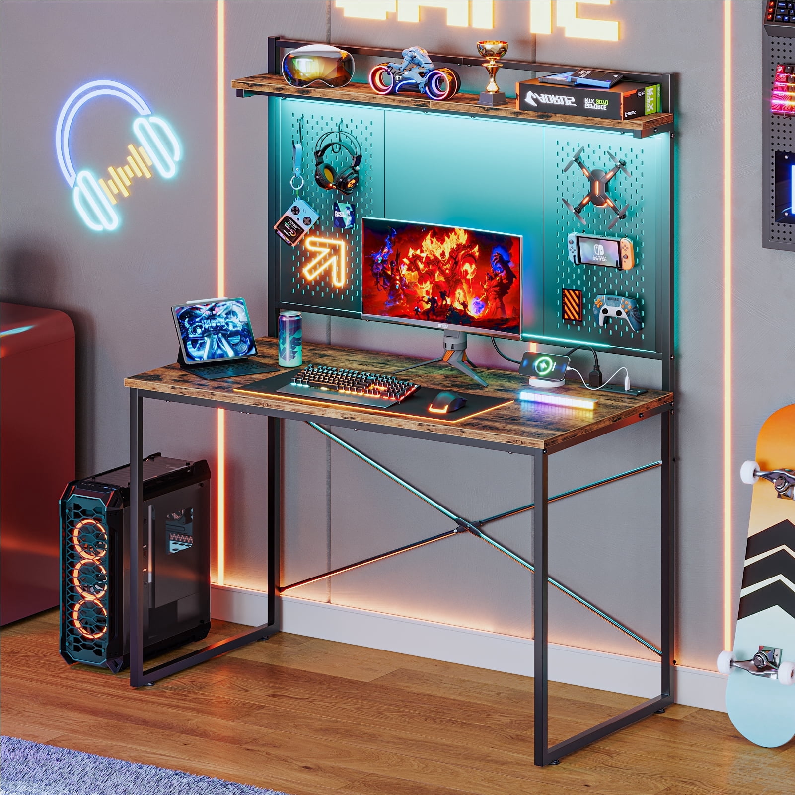 Bestier Gaming Desk with Power Outlets & LED Light, 39.3 Inch Computer Desk Office Table with Storage Shelves Pegboard, Rustic Brown