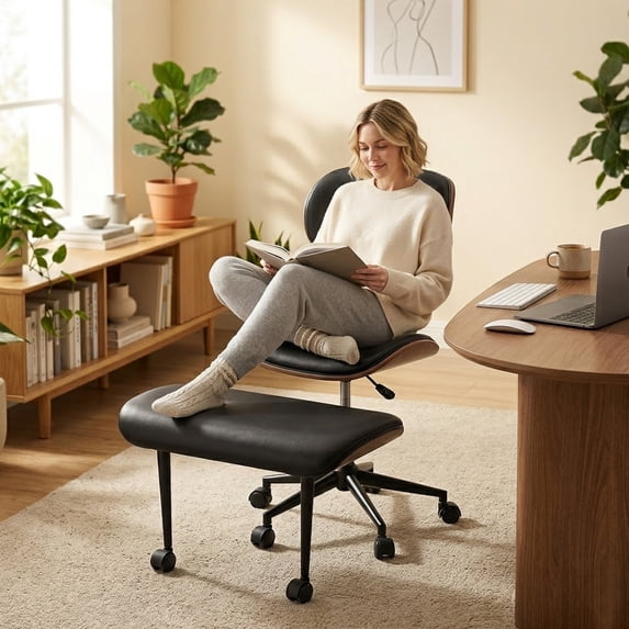 Bestier Ergonomic Cross Legged Office Chair, Wide Seat Armless Criss Cross Desk Chair, 360 Swivel Adjustable Height Computer Chair , Black PU leather Chair for Home Office, Meditation & ADHD