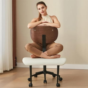 Bestier Bentwood  Ergonomic Cross Legged Swivel Chair with Wheels, PU Leather Meditation Chair with Back Support Adjustable Height,  Kneeling ADHD Office Chair  for Adults Yoga, White