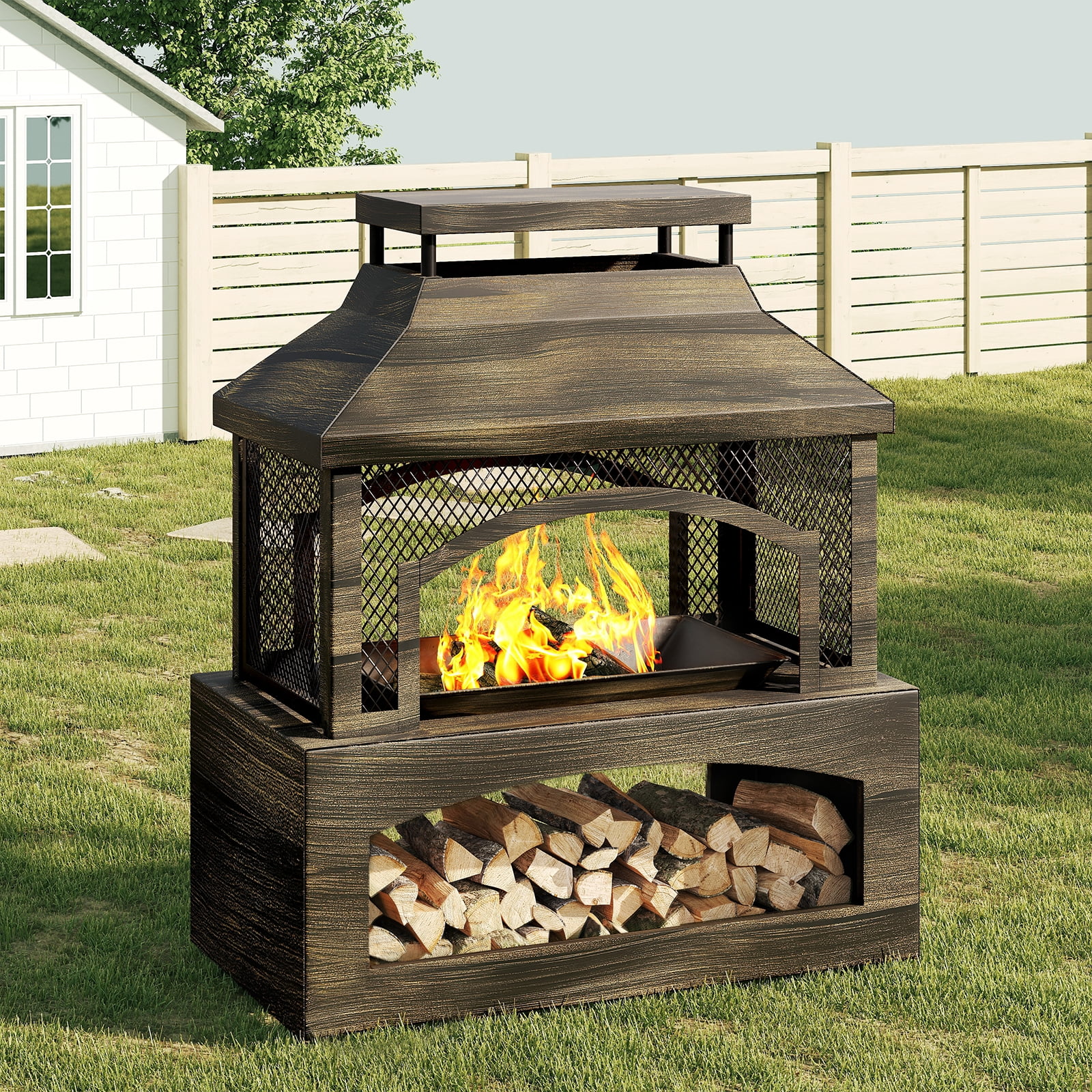 Bestier Fire Pits for Outside Wood Burning, Outdoor Fireplace with Log Storage Rack, Freestanding Chiminea Fireplace with Mesh Screen and Pocker for Backyard Patio Party Camping Picnic, 37"