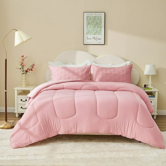 Bestier Pink Queen Size Comforter Set | 3-Piece Soft & Fluffy Sorona Plant-Based Fiber All Season Bedding with Pillowcases, Skin-Friendly, Wrinkle Resistance, Moisture Wicking