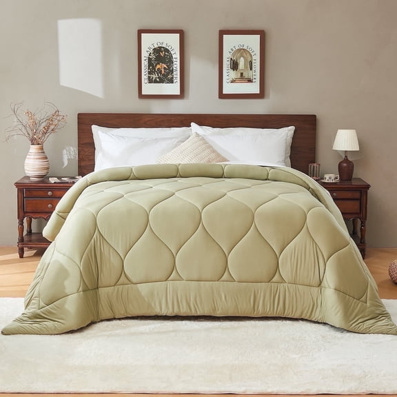 Bestier Sorona Eco Fabric Queen Size Comforter | All-Season Boho Duvet Insert with Anti-Clump Tech | Luxury Hotel Winter Warm Close-Fitting Down Alternative, Olive Green (90x90 inches)