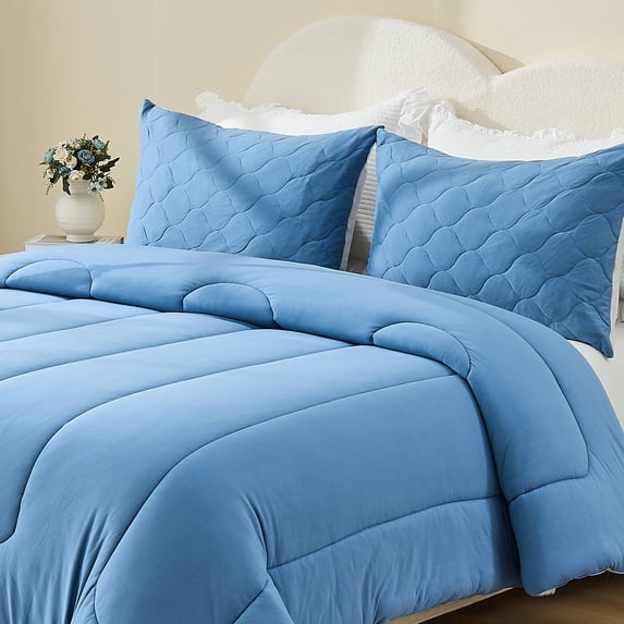 Bestier Blue Queen Size Comforter Set | 3-Piece Bed in a Bag for All Seasons, U-Shaped Stitched Soft Bedding Sets Luxury Hotel Bedding, Sorona Plant-Based Fiber, Gifts for Women Men