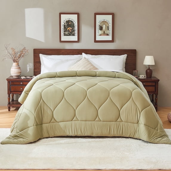 Bestier Sorona Eco Fabric Queen Size Comforter | All-Season Boho Duvet Insert with Anti-Clump Tech | Luxury Hotel Winter Warm Close-Fitting Down Alternative, Olive Green (90x90 inches)