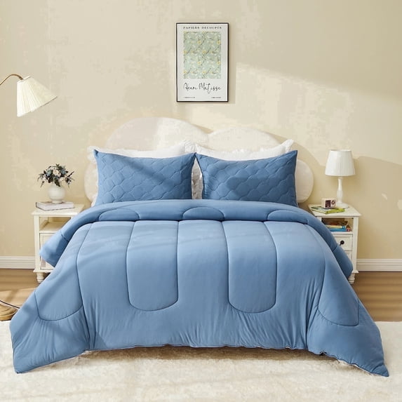 Bestier Blue Queen Size Comforter Set | 3-Piece Bed in a Bag for All Seasons, U-Shaped Stitched Soft Bedding Sets Luxury Hotel Bedding, Sorona Plant-Based Fiber, Gifts for Women Men