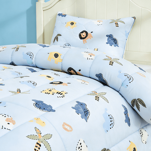 Bestier 2-Piece Blue Toddler Bedding Comforter Set | Sorona Eco Fiber Fill | Super Soft Lightweight for All Seasons, Includes 1 Comforter and 1 Pillowcase | Machine Washable