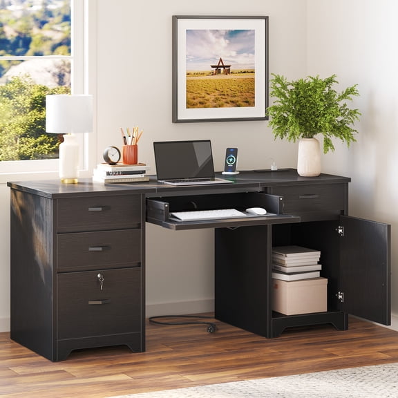 Bestier Computer Desk with 5 Drawers, 59'' Office Desk with Storage, Modern Executive Desk with File Drawers and Storage Cabinets, Charging station, Keyboard Tray, Suitable for Study& Bedrooms Black