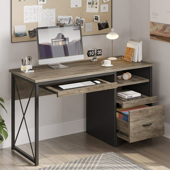 Bestier 47 inch Computer Desk with Storage File Drawer & Keyboard Tray, Home Office Writing Desk Work Study Table for Small Space, Wash Gray