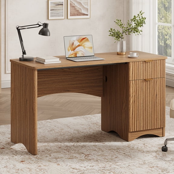 Bestier 47" Computer Desk with Drawer, Modern Home Office Desk with Storage Cabinet, Fluted PC Study Writing Desk for Small Spaces, Brown Oak