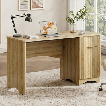 Bestier 47" Computer Desk with Drawer, Modern Home Office Desk with Storage Cabinet, Fluted PC Study Writing Desk for Small Spaces, Oak