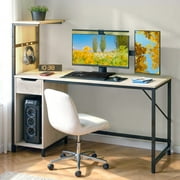 Bestier Home Office Desk Computer Gaming PC Study Table with Adjustable Shelf and LED Lights, Light Gray