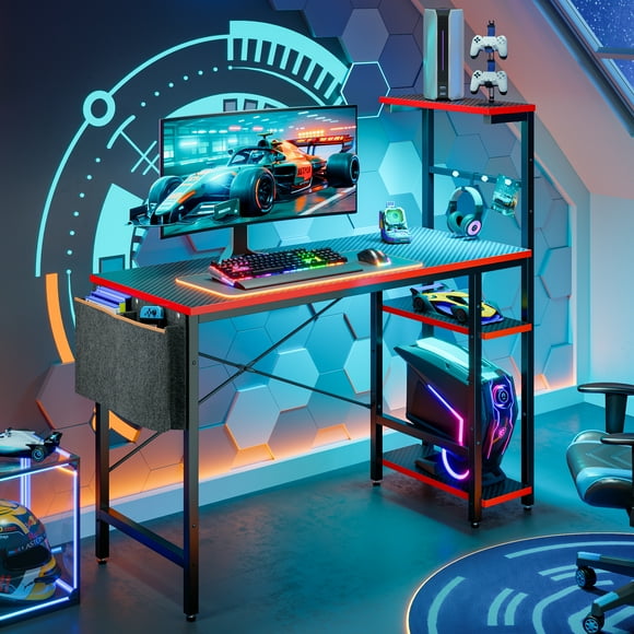 Bestier Computer Gaming PC Desk 44 inch Gamer Table with LED Lights, Reversible 4 Tier Storage Shelves Carbon Fiber