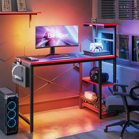 Bestier Computer Gaming PC Desk 44 inch Gamer Table with LED Lights, Reversible 4 Tier Storage Shelves Carbon Fiber