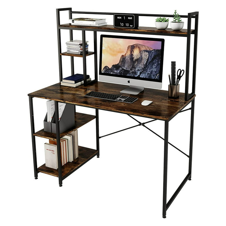 Bestier Computer Office Desk with Storage Shelves & Hutch, Rustic Brown