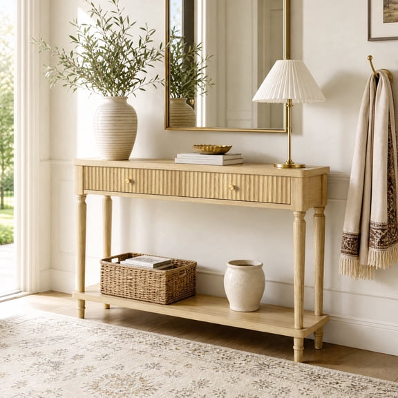Bestier 47" Entryway Table with 2 Fluted Drawers, Narrow Console Table with Open Shelf, Behind Couch Table with Storage for Living Room, Foyer, Hallway, Natural Oak