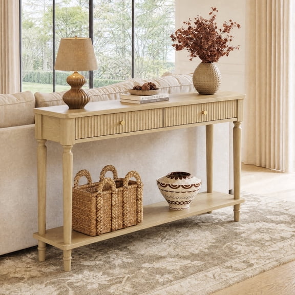 Bestier Fluted Console Table, 55 Inch Entryway Table with Storage Drawers, Modern Wood Console Tables for Entryway, Narrow Sofa Table with Shelf for Living Room Hallway, Entry Table, Natural Oak