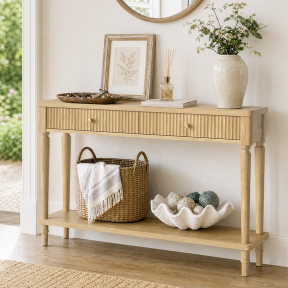 Bestier Fluted Console Table, 55 Inch Entryway Table with Storage Drawers, Modern Wood Console Tables for Entryway, Narrow Sofa Table with Shelf for Living Room Hallway, Entry Table, Natural Oak