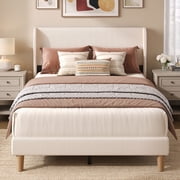 Bestier Full Size Corduroy Bed Frame with Wingback Headboard, Upholstered Platform Bed with Wood Slats, No Box Spring Needed, Beige