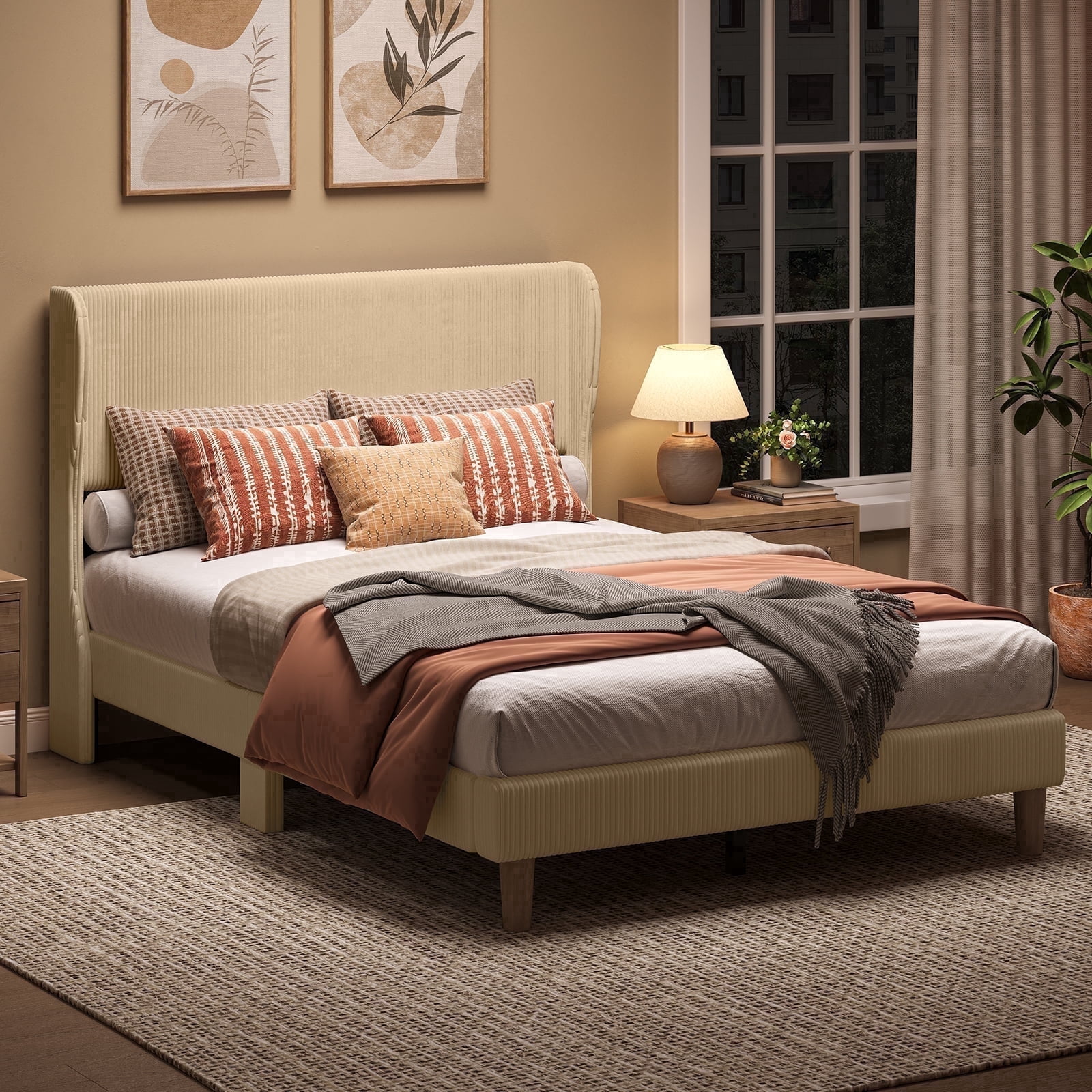 Bestier Full  Size Bed Frame with Wingback Headboard, Corduroy Upholstered Platform Bed with Wood Slats, No Box Spring Needed, Taupe