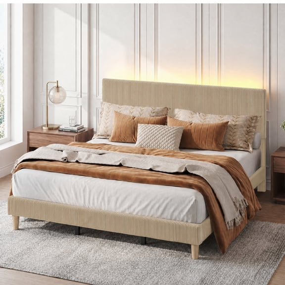 Bestier Corduroy Upholstered King Bed Frame with Adjustable Headboard, Platform Bed Frame with LED Light, Solid Wood Slats, No Box Spring Needed, Beige