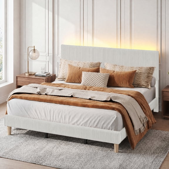 Bestier Corduroy Upholstered King Bed Frame with Adjustable Headboard, Platform Bed Frame with LED Light, Solid Wood Slats, No Box Spring Needed, Gray